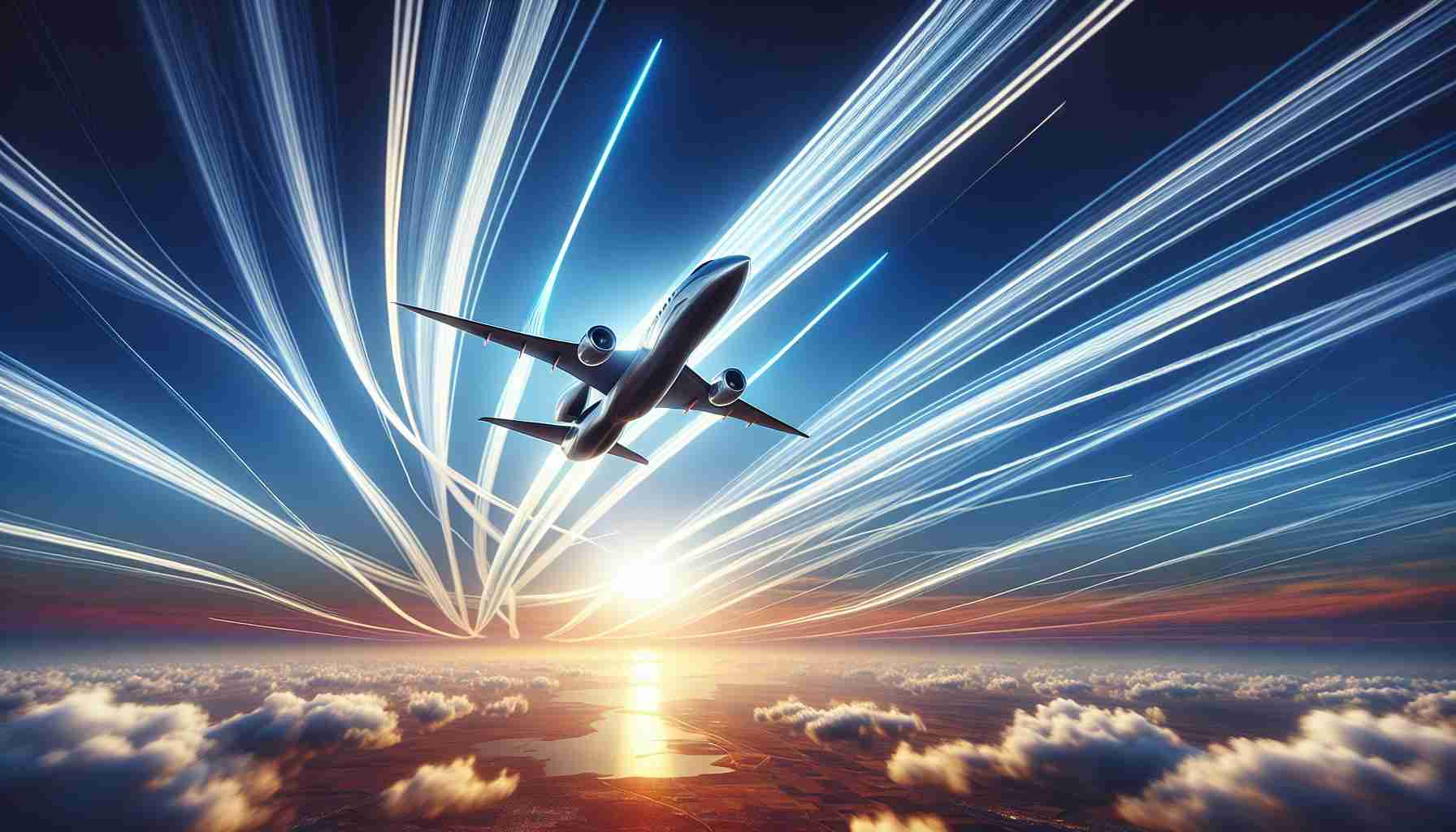 A detailed high-definition image showcasing an innovative and sleek modern aircraft (not associated with any specific aviation company) as it takes flight. The contrails streak like ribbons across the sky behind it, symbolizing a new era in aviation technology and design. The sky is a radiant blue, with wispy clouds scattered here and there, while the sun sets on the horizon painting hues of vibrant oranges and purples. The aircraft itself is depicted as a symbol of human ingenuity and future innovation in the field of aerospace.
