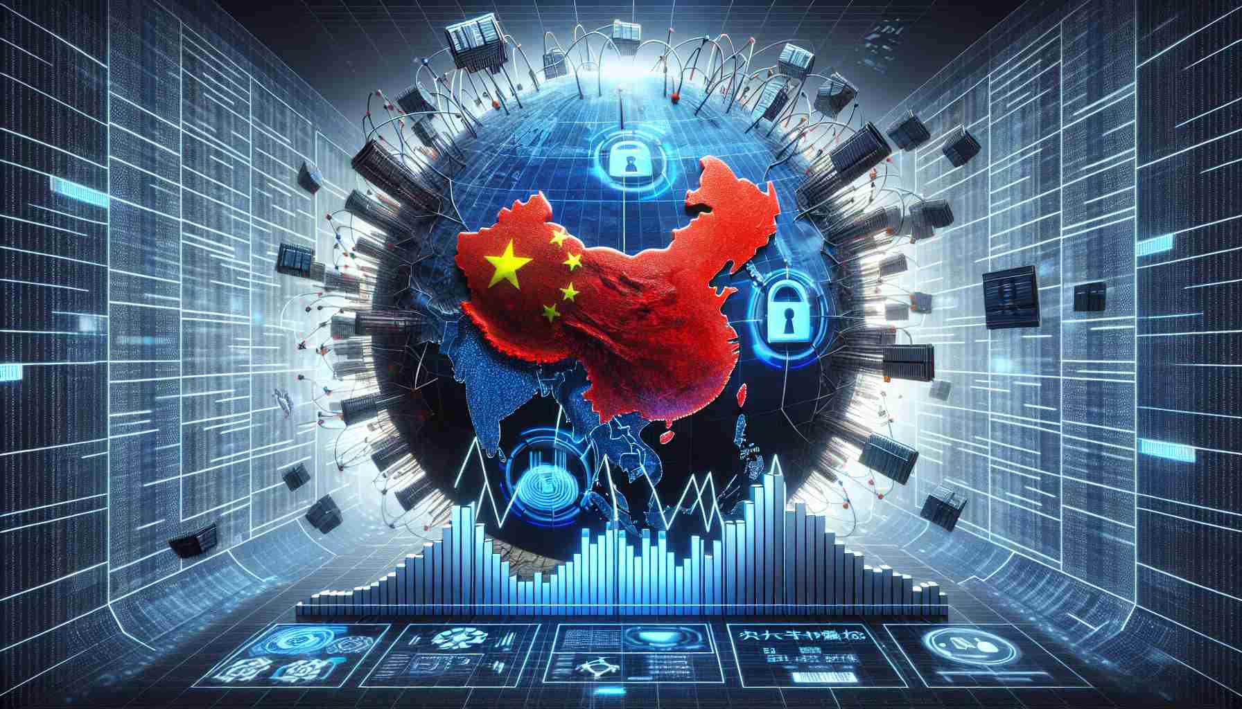 Create a high definition, realistic illustration representing the impact of international cybersecurity issues on the Chinese market. This can be depicted by a large globe focusing on China in the centre, with data streams representing international cybersecurity being intercepted with firewall symbols. The effect on the Chinese market can be symbolized by a fluctuating graph superimposed on the Chinese territory. Add digital elements such as network nodes, data packets, encryption icons, and broken chains to represent the aspects of cybersecurity. However, avoid any direct references to political figures.