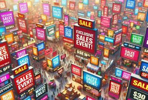 An image portraying an exciting sales event. It's packed with discounts and deals that are causing a buzz. The atmosphere is vibrant with a sense of anticipation. Numerous signs of various shapes and sizes advertise the sales, each one popping with bold colors and catchy phrases like 'Exclusive Sales Event!' and 'Massive Discounts!. The image is in High Definition to capture every detail, from the sales tags to the excited expressions on the customers' faces.