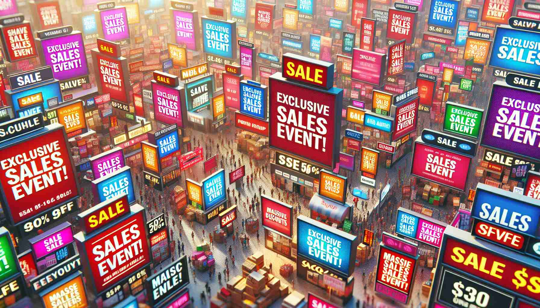 An image portraying an exciting sales event. It's packed with discounts and deals that are causing a buzz. The atmosphere is vibrant with a sense of anticipation. Numerous signs of various shapes and sizes advertise the sales, each one popping with bold colors and catchy phrases like 'Exclusive Sales Event!' and 'Massive Discounts!. The image is in High Definition to capture every detail, from the sales tags to the excited expressions on the customers' faces.