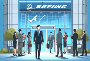 A person is walking into a modern office building labeled with 'Boeing'. They are wearing a formal suit and have a determined expression on their face. Display boards are visible on the walls of the building showing graphs that indicate financial challenges. The person is being greeted by a diverse group of employees. Underneath the scene is a text that says 'Boeing Appoints a New CEO Amid Financial Challenges'.