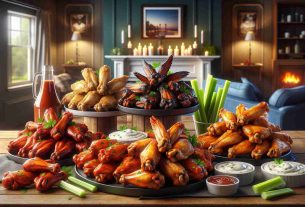 A hyper-realistic HD image showcasing Special Chicken Wings Day offerings. The scene features a tantalizing collection of diverse chicken wings, artistically arranged. These wings range from classical buffalo to exotic flavors, each unique and visually appealing. Additionally, include elements like BBQ sauce, blue cheese dip, celery sticks on the side. The background is homely and inviting. The lighting, aroma, and color contrast should effortlessly stimulate the viewer’s appetite, making the chicken wings impossible to resist.