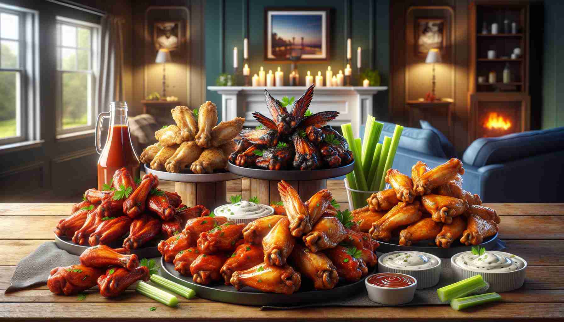 A hyper-realistic HD image showcasing Special Chicken Wings Day offerings. The scene features a tantalizing collection of diverse chicken wings, artistically arranged. These wings range from classical buffalo to exotic flavors, each unique and visually appealing. Additionally, include elements like BBQ sauce, blue cheese dip, celery sticks on the side. The background is homely and inviting. The lighting, aroma, and color contrast should effortlessly stimulate the viewer’s appetite, making the chicken wings impossible to resist.