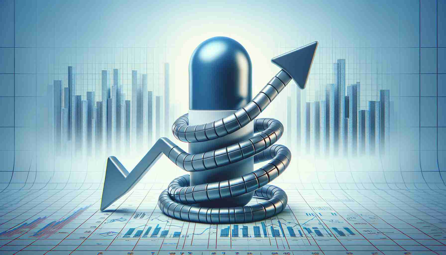 Generate a realistic high-definition image that represents 'Pharmaceutical Giant Reports Impressive Earnings Growth'. The image might include symbolic elements showing a larger-than-life capsule pill signifying the pharmaceutical giant, coiled around with a trending upward arrow, symbolising impressive earnings growth. The background could showcase graphs or charts in subtle muted colors depicting positive financial growth.