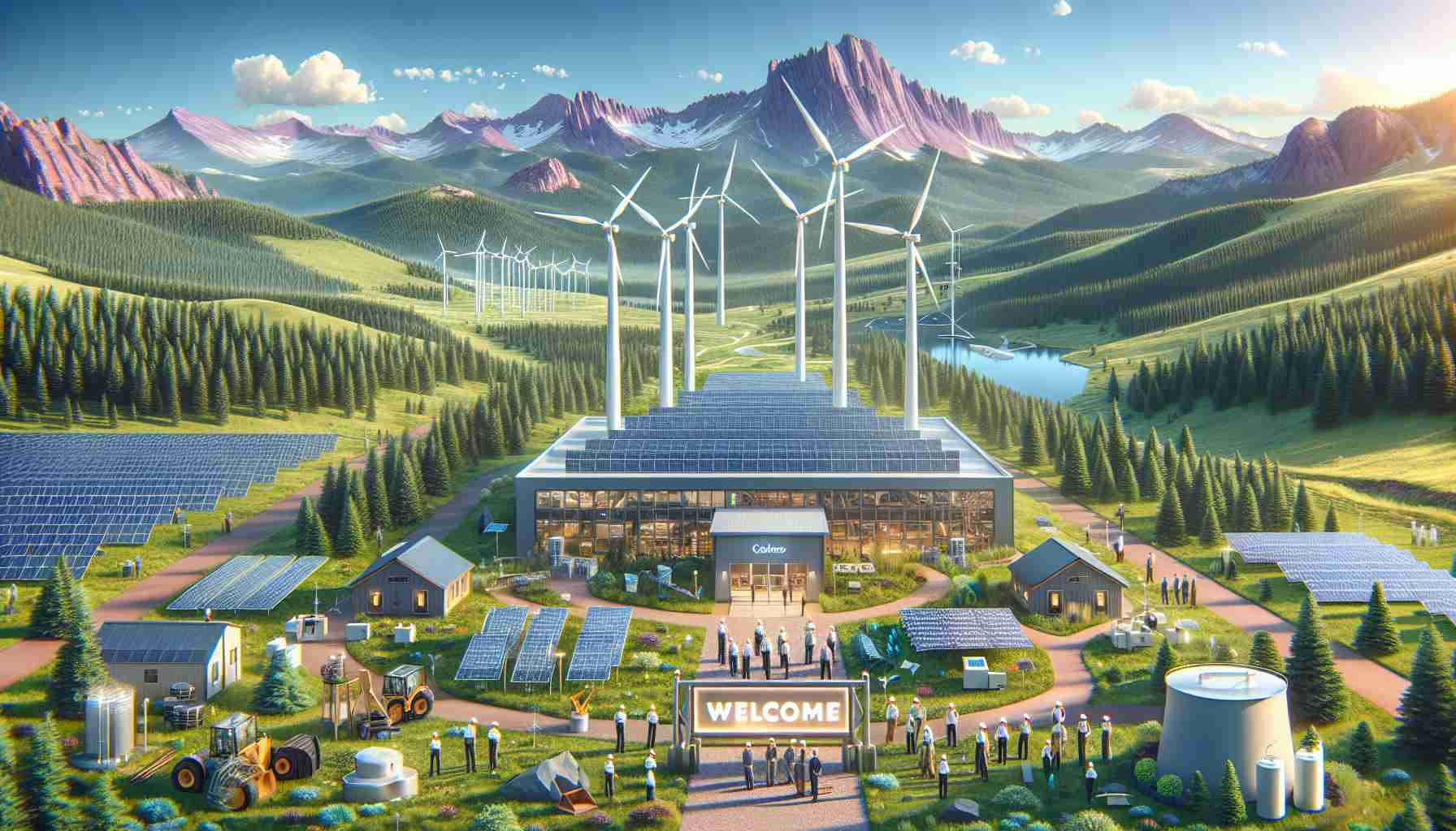 Generate a realistic, high-definition image illustrating the concept of innovative sustainable energy project being welcomed in Colorado. This scene features modern, eco-friendly technologies such as wind turbines and solar panels nestled within the picturesque landscape of Colorado encompassing purple Rocky Mountains, dense green forests, and a wide-open blue sky. The centerpiece of this scene is a sign displaying 'Welcome' along with symbolic graphics indicating the fusion of environmental sustainability and technological innovation. Add details such as a few people, with diverse gender and descent like Caucasian males, Hispanic females etc., wearing safety gear, inspecting and initiating the project, thus indicating the active participation of the community.