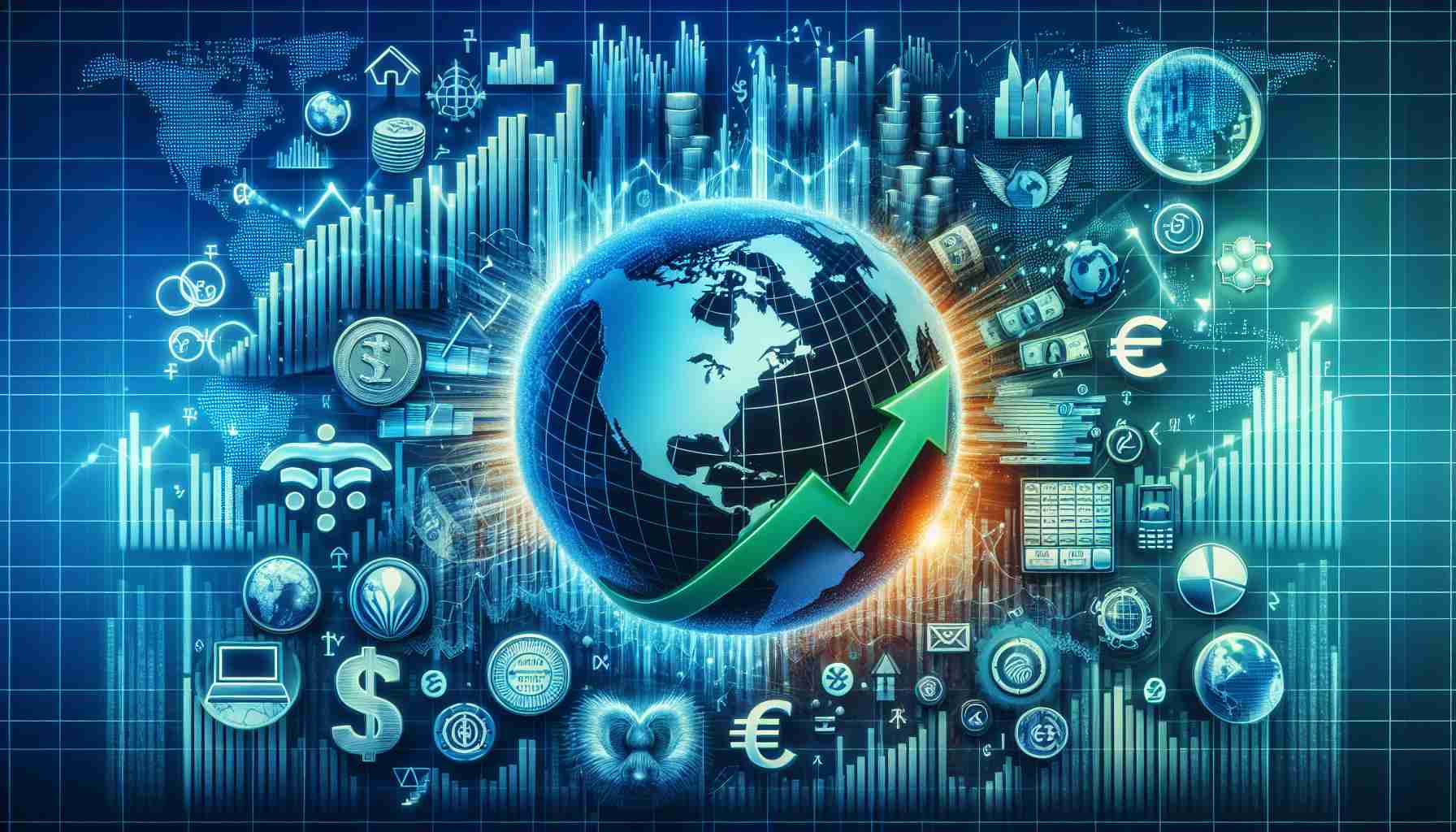 Create a realistic, high-definition image representing the global economy bouncing back after an unexpected disruption. Elements could include a stylized image of a globe, surrounded by symbols of various worldwide industries and economic sectors flourishing. There could be charts displaying an upward trend, currency symbols from various parts of the world, a stock exchange board showing green figures, and logos of different types of industries such as technology, agriculture, manufacturing, and services sector recovering and flourishing. The colors should indicate positive growth and recuperation.
