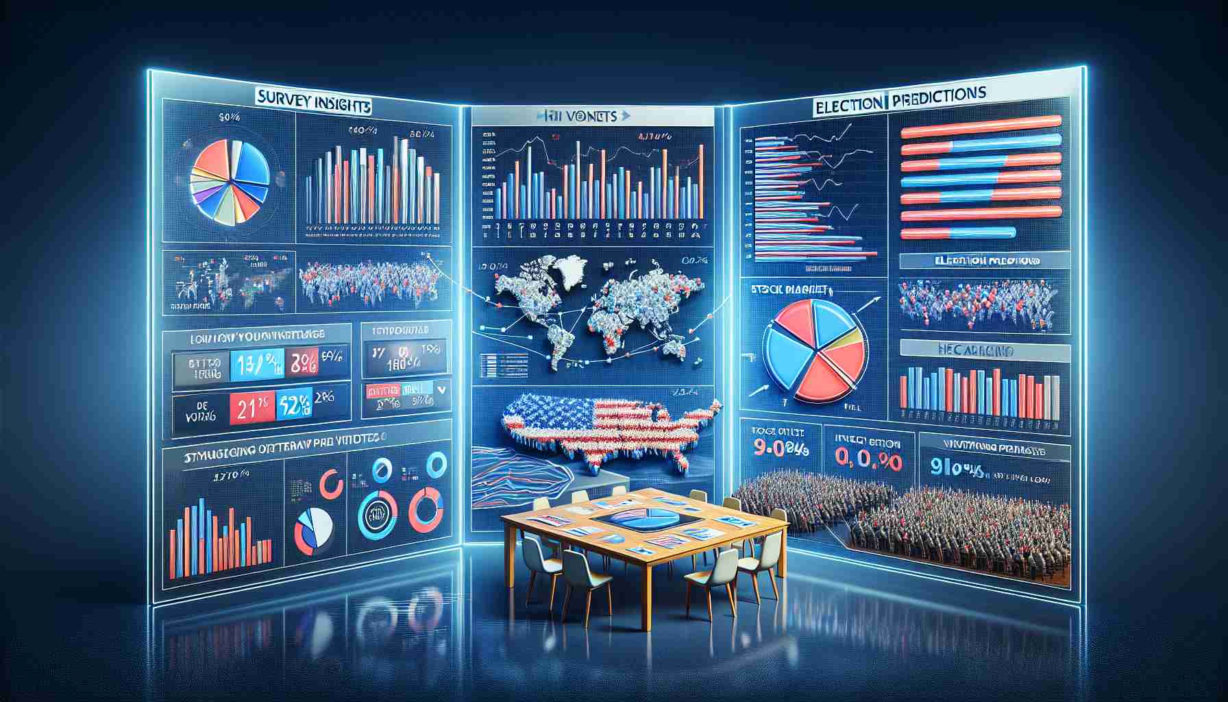 Generate an HD illustration displaying a survey insights board filled with various data visualizations, bar graphs, pie charts representing stock market trends. On another part of the board, present election prediction statistics, including pie charts and bar graphs, showcasing different voting patterns. The entire scene should be realistic and detailed, capturing every aspect of the research.