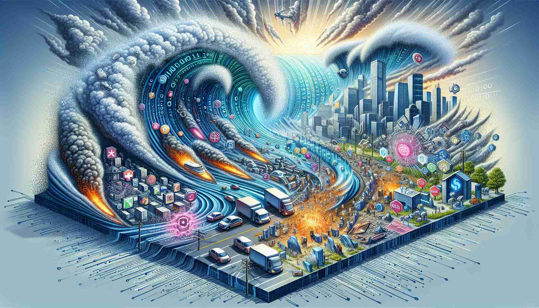 An illustration visualizing the concept of significant technology disruption causing chaos across various sectors. Picture multiple industries such as healthcare, finance, transportation, and education, each represented symbolically. The technology disruption is shown as a powerful wave of digital code or a storm of binary numbers crashing into them, causing visible upheaval. Within the chaos, visualize some signs of positive change - upgraded systems, innovation, and progress amidst the upheaval. Focus on realistic detailing and high definition quality to give a deep understanding of the overall impact.