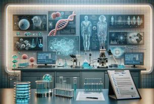 An incredibly high definition, realistic image of a visual representation of Pfizer's innovative advancement in the field of genetic therapy. Picture this as a medical laboratory with cutting-edge equipment, microscopes and test tubes, DNA models signifying genetic manipulation, and a wall-mounted screen displaying scientific data. Diagrams of human cells and genetic structures permeate the scene, while a backdrop of charts and graphs represent ongoing research. A folder labelled 'Pfizer Genetic Therapy Research' rests on the laboratory counter. Please note this story isn't specific to a particular time or people, so no personal presence is necessary.