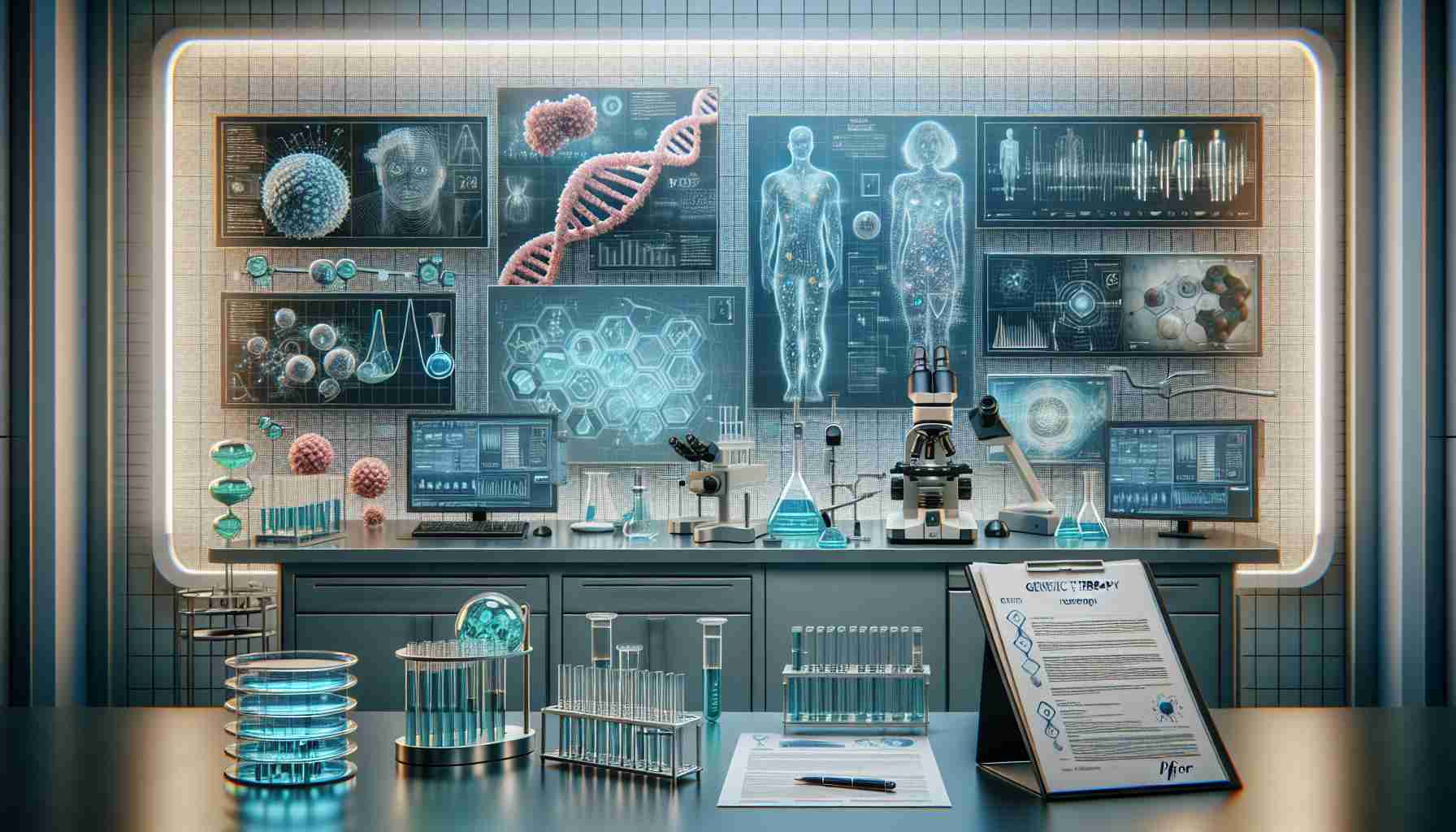 An incredibly high definition, realistic image of a visual representation of Pfizer's innovative advancement in the field of genetic therapy. Picture this as a medical laboratory with cutting-edge equipment, microscopes and test tubes, DNA models signifying genetic manipulation, and a wall-mounted screen displaying scientific data. Diagrams of human cells and genetic structures permeate the scene, while a backdrop of charts and graphs represent ongoing research. A folder labelled 'Pfizer Genetic Therapy Research' rests on the laboratory counter. Please note this story isn't specific to a particular time or people, so no personal presence is necessary.