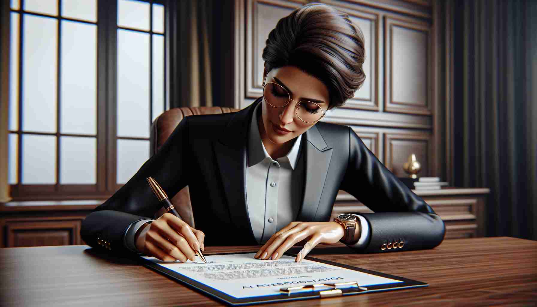 Realistic HD photo of a coffee company's new CEO signing a document which signifies an agreement for a $113m pay package. The CEO is a middle-aged South Asian woman with short hair. She's wearing an elegant business suit and glasses, holding a luxurious pen in her hand. The document is laying on a posh, wooden office table.