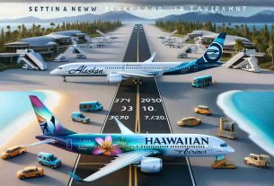 A high-resolution, realistic image showcasing Alaskan and Hawaiian airlines' innovative advancement that is setting a new benchmark in air travel. Picture two commercial aircraft, one representing each airline, stationed on the runway. On the Alaskan Airlines plane, emphasis on features like sleek design, modern technology, and comfort. Simultaneously, the Hawaiian Airlines plane highlights its unique features such as vibrant livery, advanced in-flight services, and passenger-centric design. The image should capture the essence of these airlines' commitment to exceptional service, comfort and innovation.