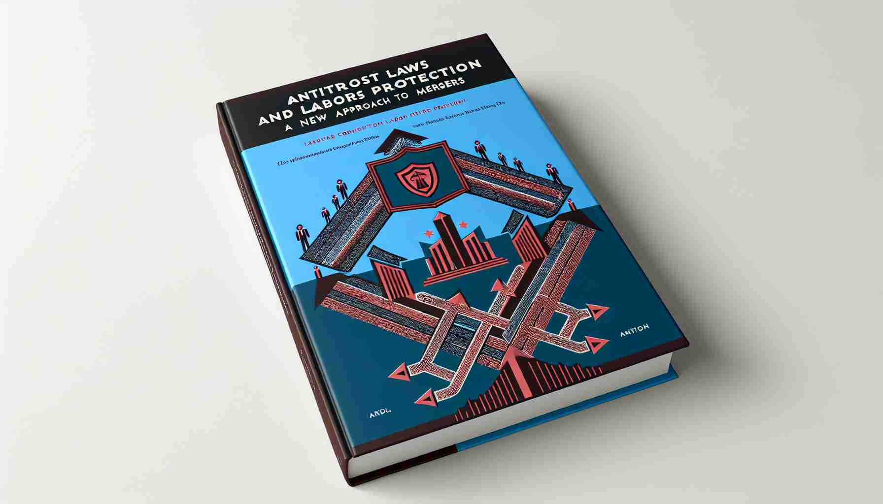 Render an image of a book cover titled 'Antitrust Laws and Labor Protection: A New Approach to Mergers'. The cover is in a modern design, with a symbolic representation of merging companies depicted in a minimalist fashion, such as intersecting arrows or converging lines. A worker protecting emblem or symbol, like a shield or a helmet, should be placed strategically on the design, representing labor protection. The title should be bold and centered on the top. The background color should be a mix of corporative blue and labor-associated maroon. Please create in a realistic HD quality.