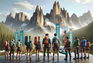 Create a realistic high-definition image that displays 'Exploring the Outdoors: Top Deals for Thrill-Seekers'. The scene should set in a breathtaking outdoor location with towering mountain peaks under a clear sky. In the foreground, there is a group of thrill-seekers with a balanced representation of different descents, including Caucasian, Hispanic, and African. Among them, both male and female adventurers are equally represented. They are equipped with climbing gear and are excited to embark on their adventure. Nearby, there are promotional banners and tents offering 'top deals' for outdoor activities and gear.