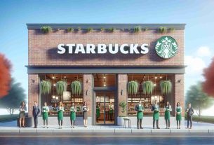 A detailed, high-definition image of a brick-and-mortar Starbucks store with a modern refurbishment, symbolizing a possible new leadership. Ideally, the image will feature a clear blue sky in the background, vibrant hanging plants in the storefront, and enthusiastic employees of different genders and ethnicities such as Caucasian, Hispanic, and Middle-Eastern serving customers inside.