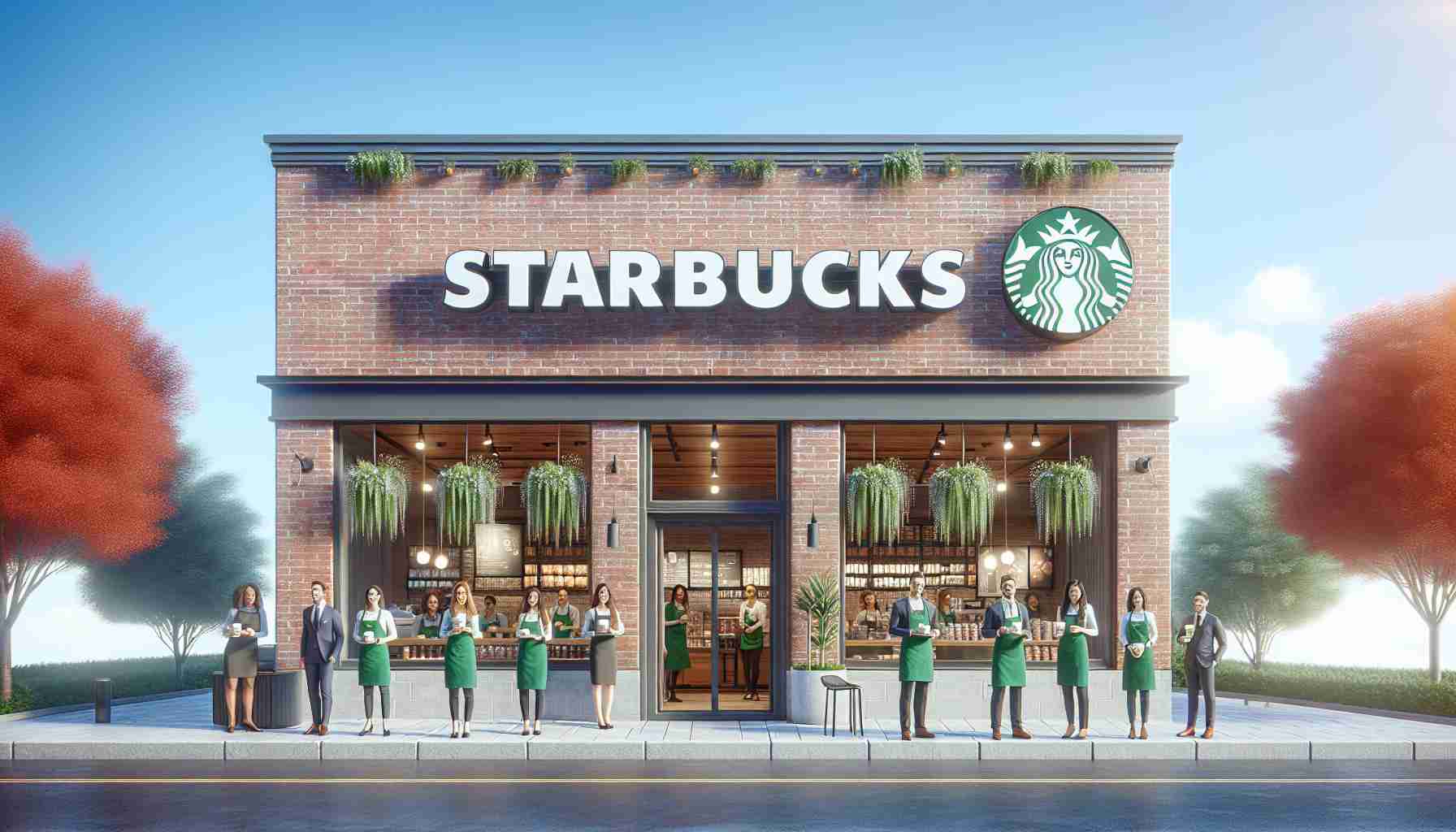 A detailed, high-definition image of a brick-and-mortar Starbucks store with a modern refurbishment, symbolizing a possible new leadership. Ideally, the image will feature a clear blue sky in the background, vibrant hanging plants in the storefront, and enthusiastic employees of different genders and ethnicities such as Caucasian, Hispanic, and Middle-Eastern serving customers inside.