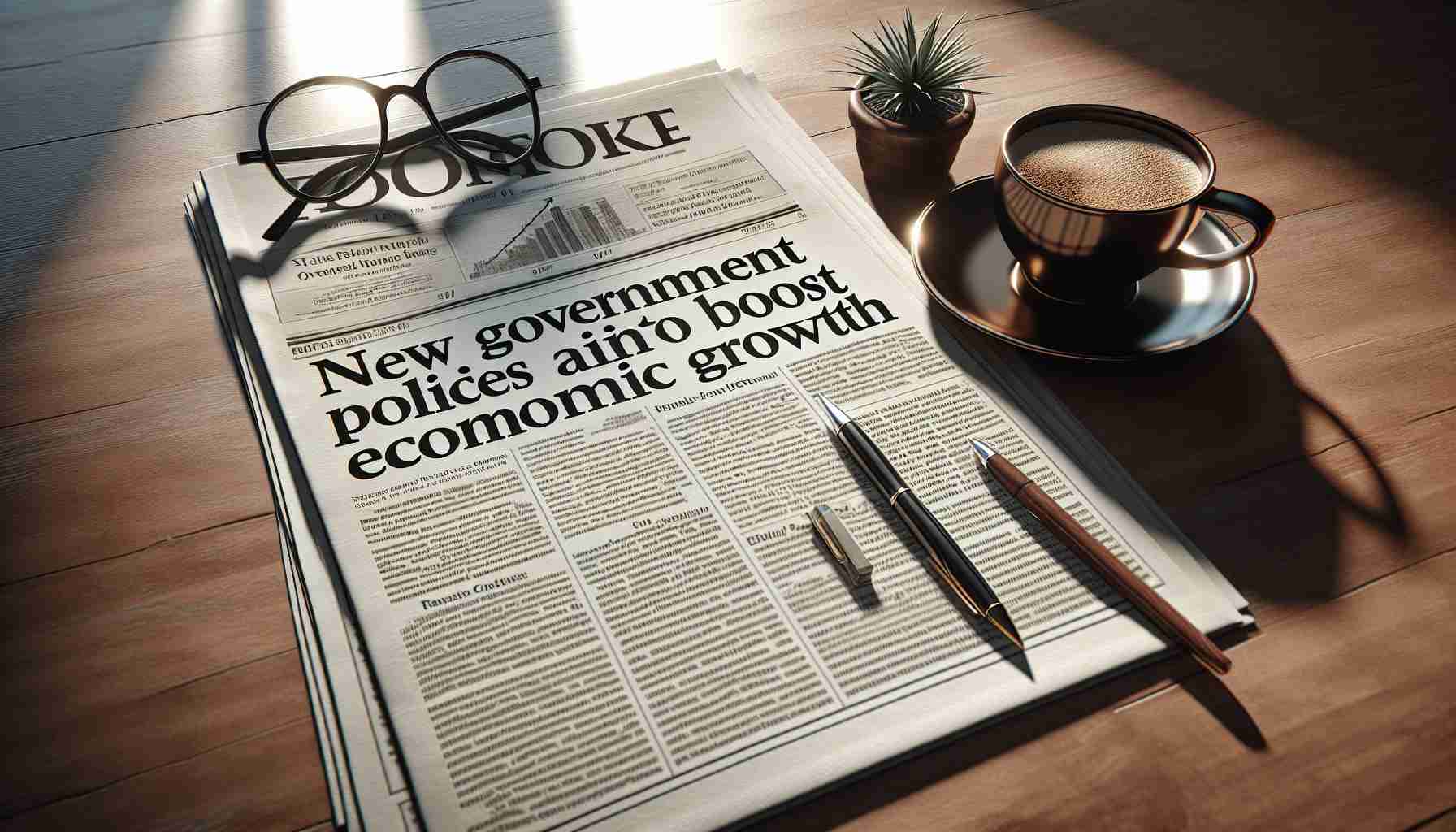 High-resolution realistic depiction of a newspaper headline that reads 'New Government Policies Aim to Boost Economic Growth', with adjacent columns filled with text, placed on a wooden table with a pen, a cup of hot coffee and pair of reading glasses next to it reflecting the morning sunlight. The implicit suggestion is the impact of these new policies on the socio-economic landscape.