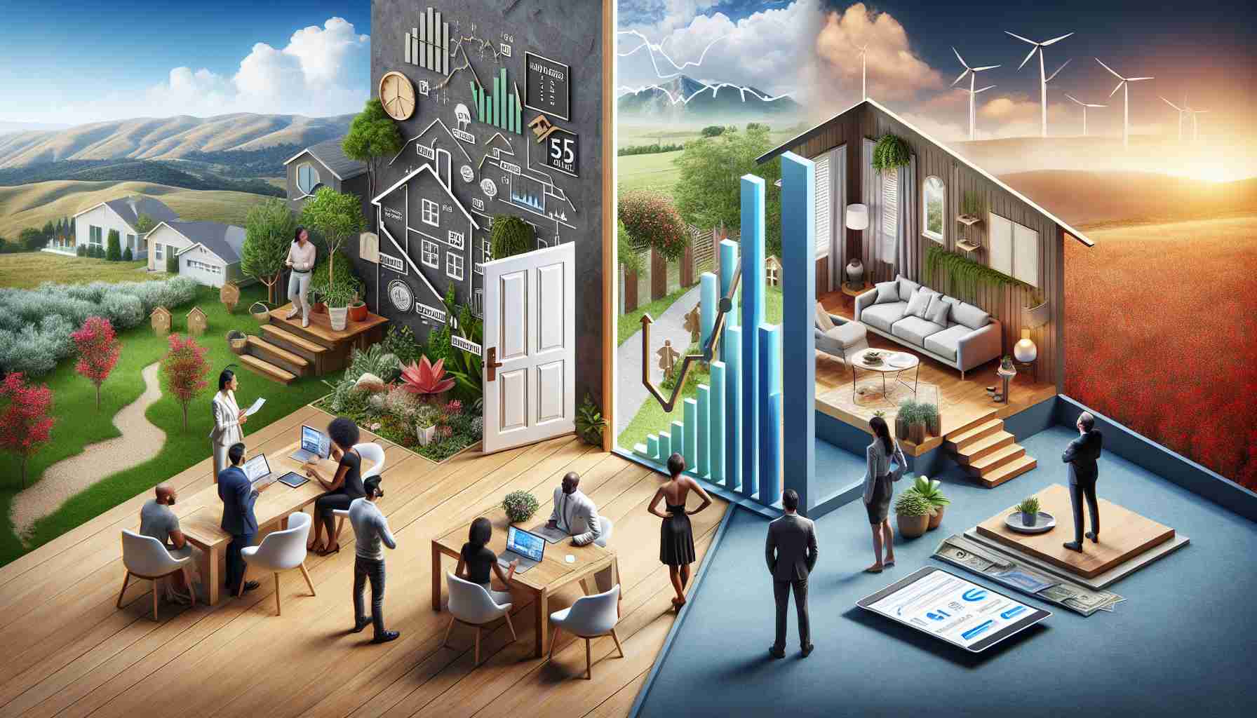 An ultra high-definition, realistic image showcasing the challenges and opportunities in the new homebuyer landscape. To the left, a group of potential homebuyers - a Black woman, a Hispanic man, a South Asian woman and a Caucasian man - are analyzing a complex housing market chart demonstrating some of the obstacles they face like high prices and competitive bidding. To the right, there's an open door welcoming the same group, symbolizing the opportunities that await, surrounding by attractive features of a first home - a beautiful garden, solar panels, a cozy interior design. Balancing both sides, weighing challenges and luxuriating in opportunities, captures the essence of the modern homebuying process.