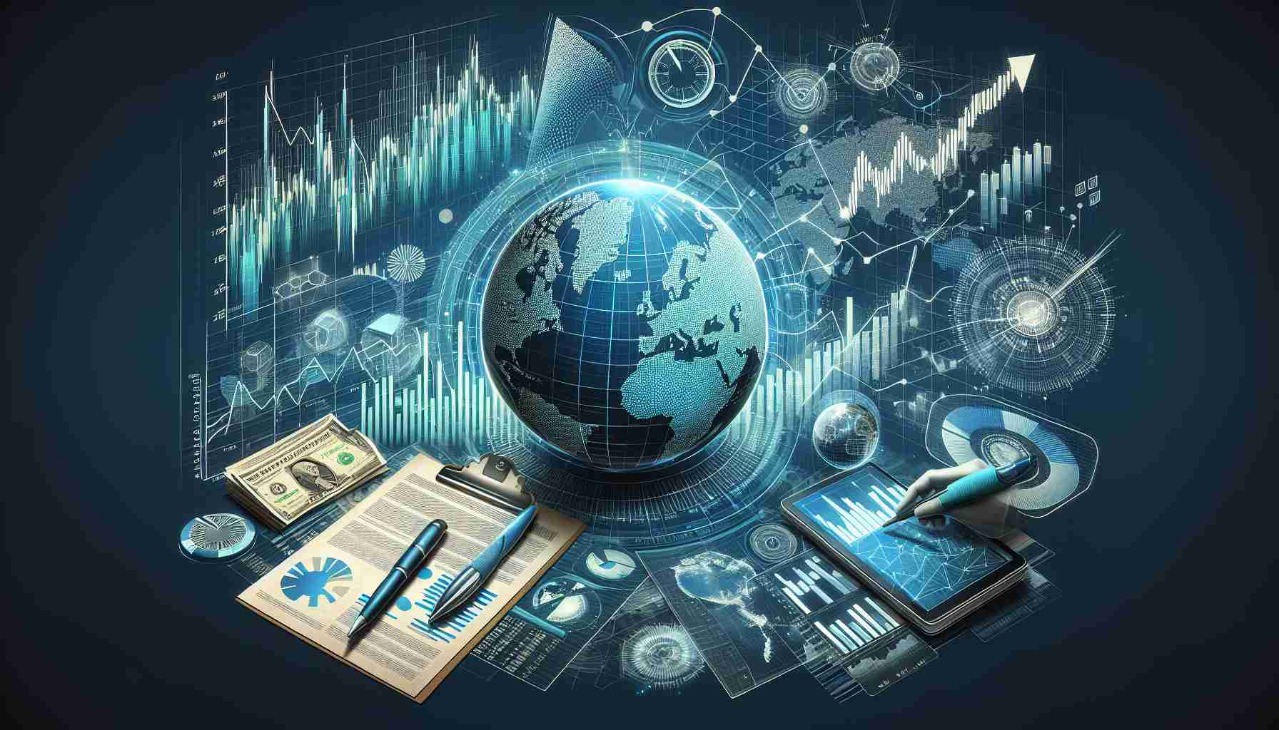 Create a detailed and realistic illustration that symbolizes the concept of 'Shifting Market Dynamics', depicting elements like fluctuating stock market graphs, a globe representing global markets, and paperwork or digital screens showing recent data releases. All components should be in high definition, capturing the complexity and volatility of modern economic systems and data influences.