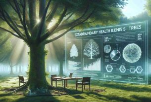 A realistic, high-definition image displaying a study revealing the extraordinary health benefits of trees, extending beyond mental well-being. The image should encompass a detailed analysis shown via infographics and diagrams, coupled with lush and healthy trees in the background. It might feature statistical data about the benefits trees offer, such as improved physical health, air purification abilities, and reduction of stress levels. The setting can be an outdoor park or forest scene, drenched in sunlight, which communicates the sense of tranquility and wellness that trees provide.