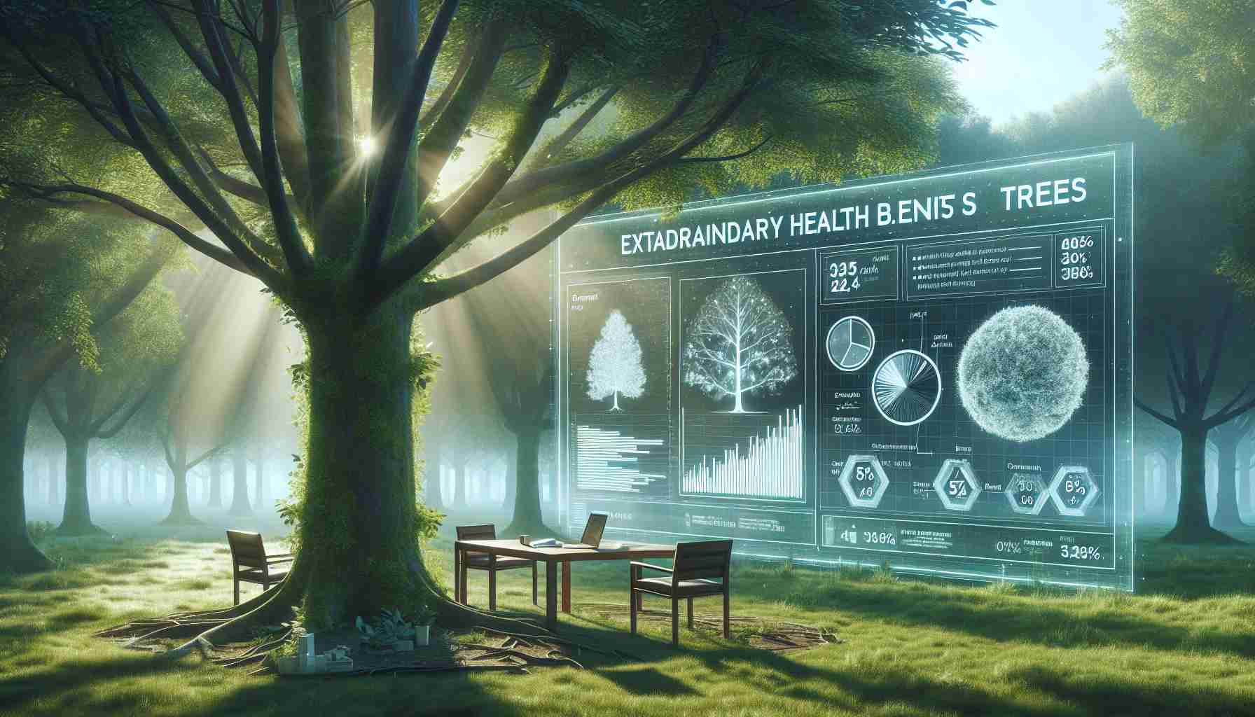 A realistic, high-definition image displaying a study revealing the extraordinary health benefits of trees, extending beyond mental well-being. The image should encompass a detailed analysis shown via infographics and diagrams, coupled with lush and healthy trees in the background. It might feature statistical data about the benefits trees offer, such as improved physical health, air purification abilities, and reduction of stress levels. The setting can be an outdoor park or forest scene, drenched in sunlight, which communicates the sense of tranquility and wellness that trees provide.