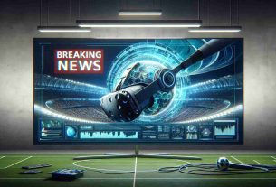 Generate a realistic, high-definition image portraying a breaking news event. The scene should represent a television broadcast headline, reading 'Breaking News: Virtual Reality Takes Center Stage in New Football Season Campaign'. Imprint the headline text in dynamic and eye-catching letters on the screen. The backdrop should depict an abstract concept of virtual reality with a football theme, perhaps featuring a futuristic headset, digital interfaces, and an engulfing virtual stadium. The overall composition should reflect the excitement and innovation introduced by this new campaign.