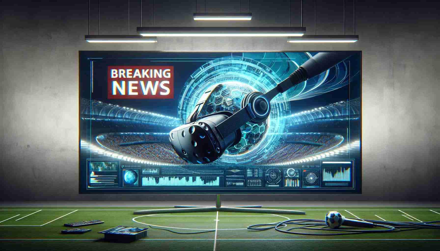 Generate a realistic, high-definition image portraying a breaking news event. The scene should represent a television broadcast headline, reading 'Breaking News: Virtual Reality Takes Center Stage in New Football Season Campaign'. Imprint the headline text in dynamic and eye-catching letters on the screen. The backdrop should depict an abstract concept of virtual reality with a football theme, perhaps featuring a futuristic headset, digital interfaces, and an engulfing virtual stadium. The overall composition should reflect the excitement and innovation introduced by this new campaign.