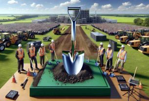 A highly detailed and realistic hyper definition photograph portraying the groundbreaking ceremonies of a new semiconductor facility located in Ohio. In the forefront the shiny silver shovel breaks the first chunk of earth symbolizing the stellar commencement of something new. Various engineer equipment and machinery distributed in the background, ready to challenge the ground after the ceremony. Participants, including a South Asian woman and a Hispanic man in hard hats, also appreciated. Lush green fields ubiquitous beyond the ceremony grounds, a clear blue sky overhead, with occasional white clouds dispersing the monotony.