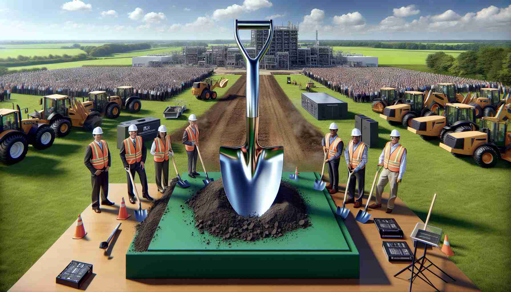 A highly detailed and realistic hyper definition photograph portraying the groundbreaking ceremonies of a new semiconductor facility located in Ohio. In the forefront the shiny silver shovel breaks the first chunk of earth symbolizing the stellar commencement of something new. Various engineer equipment and machinery distributed in the background, ready to challenge the ground after the ceremony. Participants, including a South Asian woman and a Hispanic man in hard hats, also appreciated. Lush green fields ubiquitous beyond the ceremony grounds, a clear blue sky overhead, with occasional white clouds dispersing the monotony.