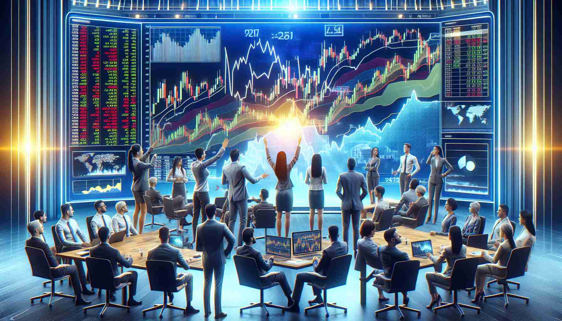 A high-definition realistic image that depicts the scenario of the exciting stock market developments taking place today. The image should feature a diverse group of people representing different descents and genders enthusiastically discussing and analyzing the market trends. There should be a large screen displaying graphs and charts of various stock indices. Use vibrant colors to depict the buzz and energy in the scene.