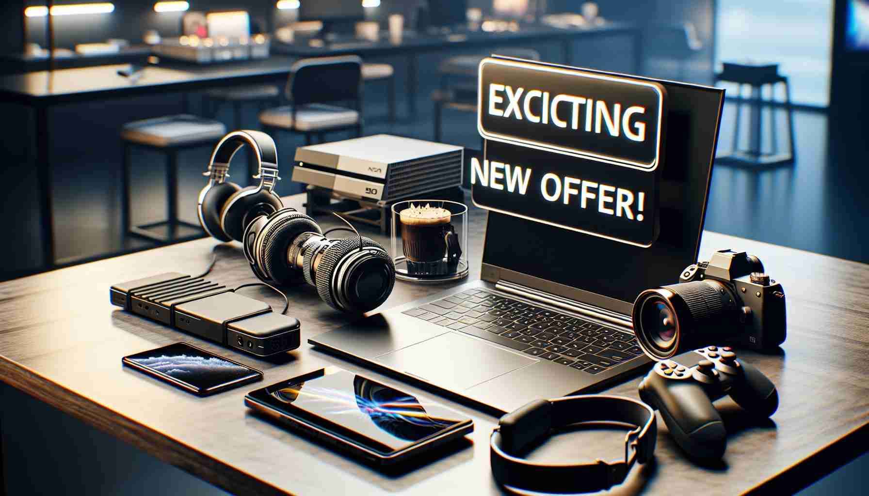 A high-definition, realistic photo depicting an enticing new offer for tech enthusiasts. In the scene, there should be a desk laid out with latest tech gadgets like a sleek, latest laptop, a pair of professional headphones, a high-end smartphone, a gaming console, and a DSLR camera. A banner, possibly digital, hangs above the desk stating 'Exciting New Offer!' The background could be a well-lit tech store or a minimalist, modern workspace to suggest a professional atmosphere. Please ensure the photo emits excitement and caters to individuals who are passionate about technology.