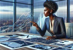 High-definition, realistic illustration of a globally renowned economist of Black descent who is a female. She's in a formal business attire, leaning over a table filled with various financial reports and graphs, engaging in an animated discussion about market trends. Her index finger points at a line graph showing an upward trend. She's in a modern, well-lit board room with a cityscape view from the window hinting at a high-rise building location. There are elements of technology present, such as a laptop and a digital pen, indicating a synthesis of traditional and modern economic analysis.