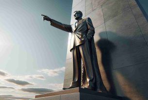 Perfectly crafted, hyperrealistic image of a monument commemorating an unnamed visionary leader. The monument showcases a figure standing authoritatively, pointing towards the future against a backdrop of a clear sky. The figure is adorned in formal clothing representative of leadership: a tailored suit and polished shoes. The detailing includes textured surface, reflective light, and high-contrast shadows suggesting a late afternoon sun. Emphasis should be placed on creating an HD image which excellently conveys the grandeur and respect due to such a leader.