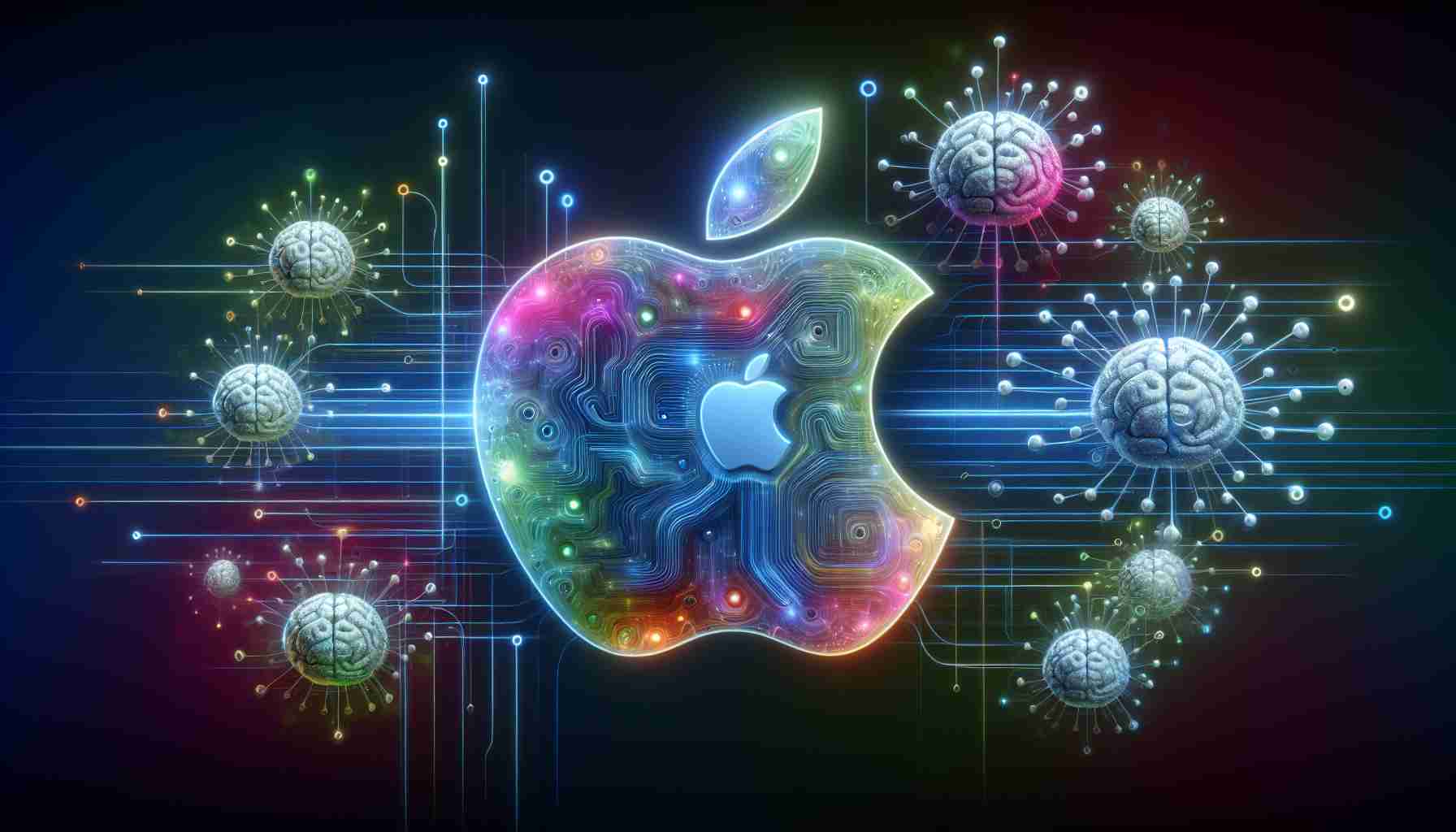 An image representing the concept of Apple Inc. leading the revolution in generative AI technology. Showcase abstract symbols of AI like neural networks or symbolized brains, along with the iconic Apple logo. Please do so in a high-definition and realistic style.