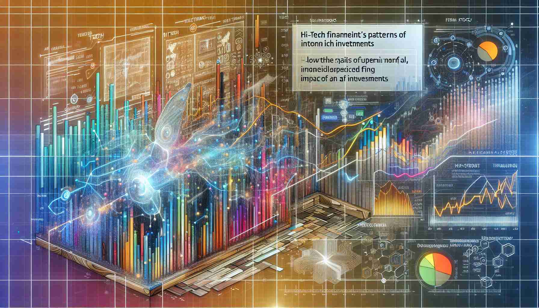 A detailed and realistic illustration of a hi-tech financial chart displaying patterns of tech stocks. The chart has a special section highlighting the impact of AI investments. It includes numerous data points and abstract graphics, yet it is user-friendly. The financial chart has a vibrant mixture of colours symbolizing different data sets and findings with a footnote explaining the AI investment influence.