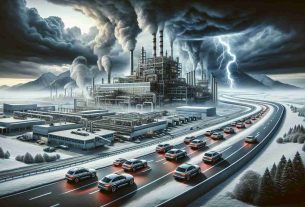 High-definition photo realistically portraying a metaphorical representation of challenges in the automobile industry, specifically alluding to a large, well-known German automaker. Imagine visual elements like a stormy sky overshadowing a factory illustrated with assembly lines of cars, symbolizing production hurdles. To depict transformation, show some of the cars transitioning from traditional gas-fueled models to futuristic electric ones, hinting at the movement towards green energy. Incorporate navigational themes to reflect the sense of a journey full of obstacles, such as a winding road disappearing into the stormy horizon.