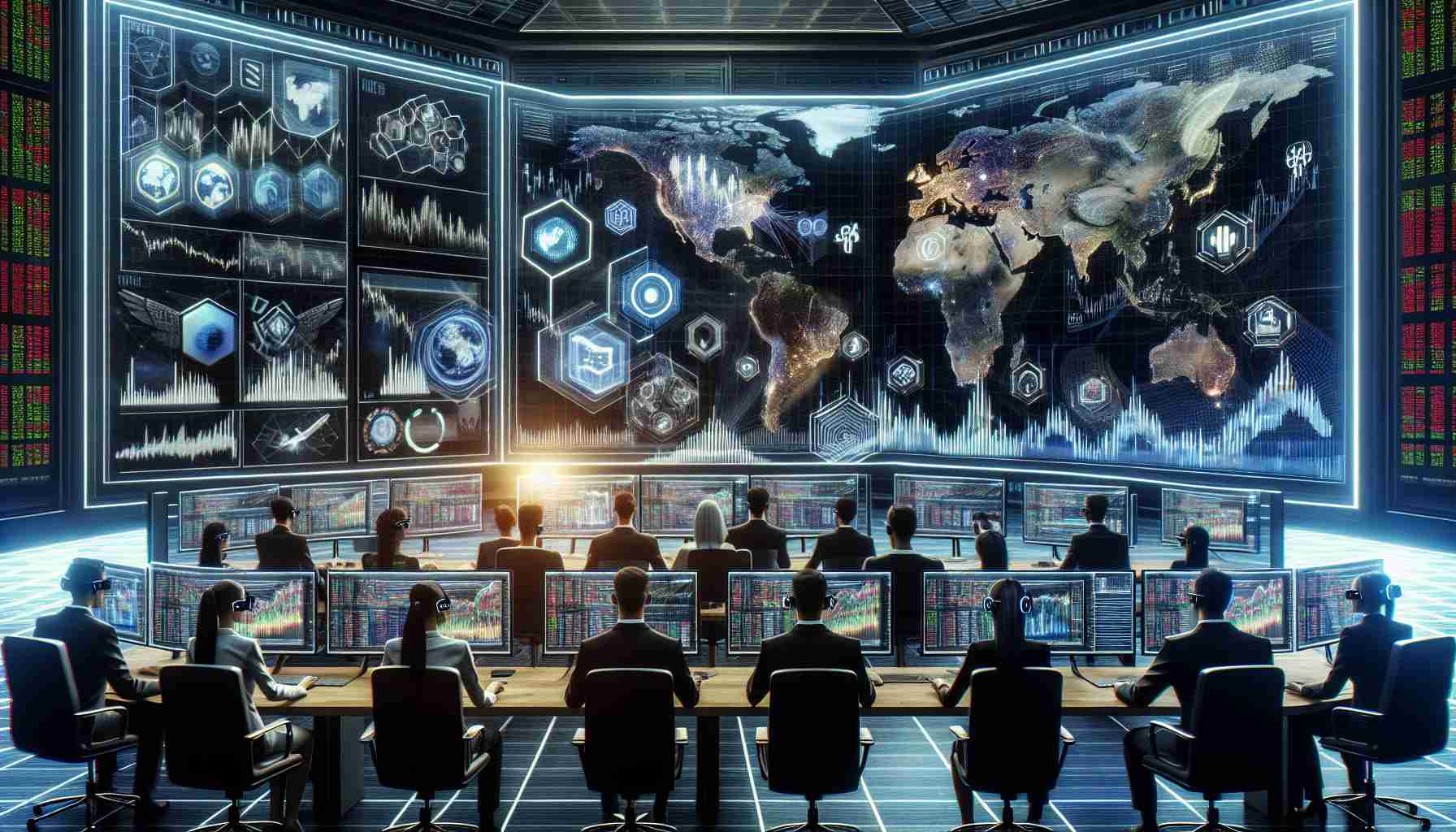 A high-definition realistic image illustrating the reaction of global markets to new technological innovations. The scene features a high-tech command center filled with large digital screens displaying fluctuating stock market data charts from various countries around the globe. Beneath the screens, a diverse group of male and female analysts of Caucasian, Hispanic, Black, Middle-Eastern, and South Asian descent meticulously examine the data. They are equipped with state-of-the-art data analysis gadgets like augmented reality glasses and gesture-controlled computer interfaces. Symbolic images of new technologies, such as AI robots and 5G network symbols, are creatively integrated into the scene.