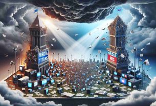 An HD, realistic scene showing a metaphorical battle for media dominance. On one side, let's display an emblematic tower with a banner labeled 'Media Titans'. On the other side, a similar tower labeled 'Newcomers'. In between, a tumultuous sea of newspapers, television screens, and digital devices with social media icons. Thundering clouds mask the sky, illustrating tension and conflict, yet a beam of sunlight pierces through, suggesting a possibility of resolution.