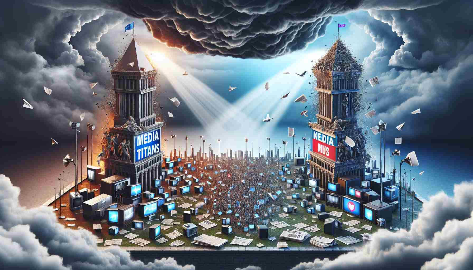 An HD, realistic scene showing a metaphorical battle for media dominance. On one side, let's display an emblematic tower with a banner labeled 'Media Titans'. On the other side, a similar tower labeled 'Newcomers'. In between, a tumultuous sea of newspapers, television screens, and digital devices with social media icons. Thundering clouds mask the sky, illustrating tension and conflict, yet a beam of sunlight pierces through, suggesting a possibility of resolution.