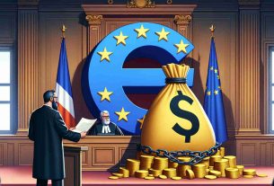 Illustration of a formal legal battle being won by a metaphorical representation of a multinational technology company, symbolized by a giant 'G' logo. The scene takes place in a regal courtroom, adorned with European Union flag. A stern judge pronounces the victory of the large 'G' over the diminutive representation of Antitrust Fine personified as a pile of golden coins with shackles. Ensure the image is in high definition, and rendered in a realistic style.