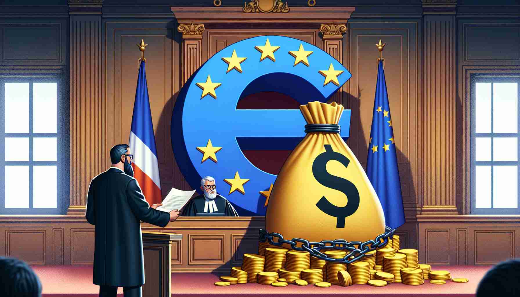 Illustration of a formal legal battle being won by a metaphorical representation of a multinational technology company, symbolized by a giant 'G' logo. The scene takes place in a regal courtroom, adorned with European Union flag. A stern judge pronounces the victory of the large 'G' over the diminutive representation of Antitrust Fine personified as a pile of golden coins with shackles. Ensure the image is in high definition, and rendered in a realistic style.