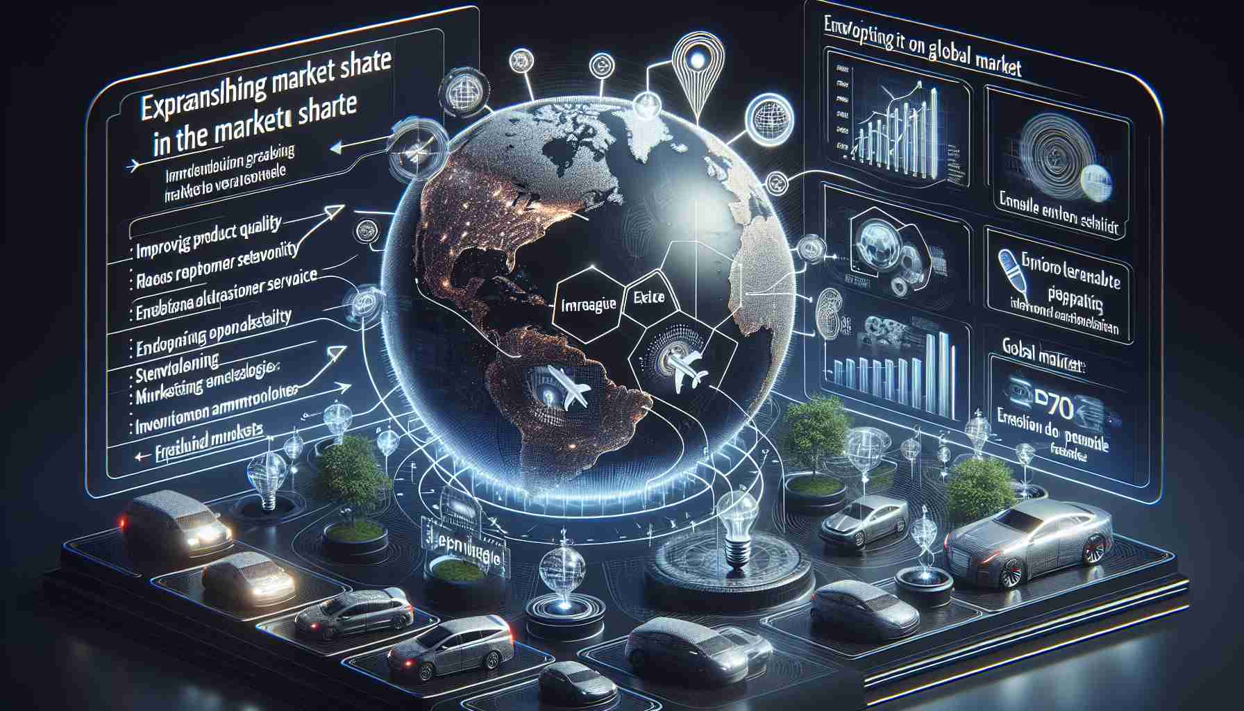 A high-resolution, realistic image showing a detailed visual representation of strategies for expanding market share in the electric vehicle industry. This may include charts and diagrams to illustrate points such as improving product quality, enhancing customer service, increasing marketing efforts, adopting emerging technologies, and investing in research and development. It may also feature a globe in the background symbolizing global market. However, no humans or specific companies should be visually represented.