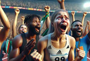 Generate a hyper-realistic, high-definition image that captures a moment of unexpected victory, causing the individuals involved to well up with tears of joy. It could be in a competition or a personal triumph. Include a young Caucasian female athlete as well as a Black male coach celebrating with their team. Make the scene emotive, with intense expressions of happiness, disbelief, and pride on their faces. The surroundings suggest of a sports event, with a myriad of colorful banners, and a crowd cheering in the backdrop.