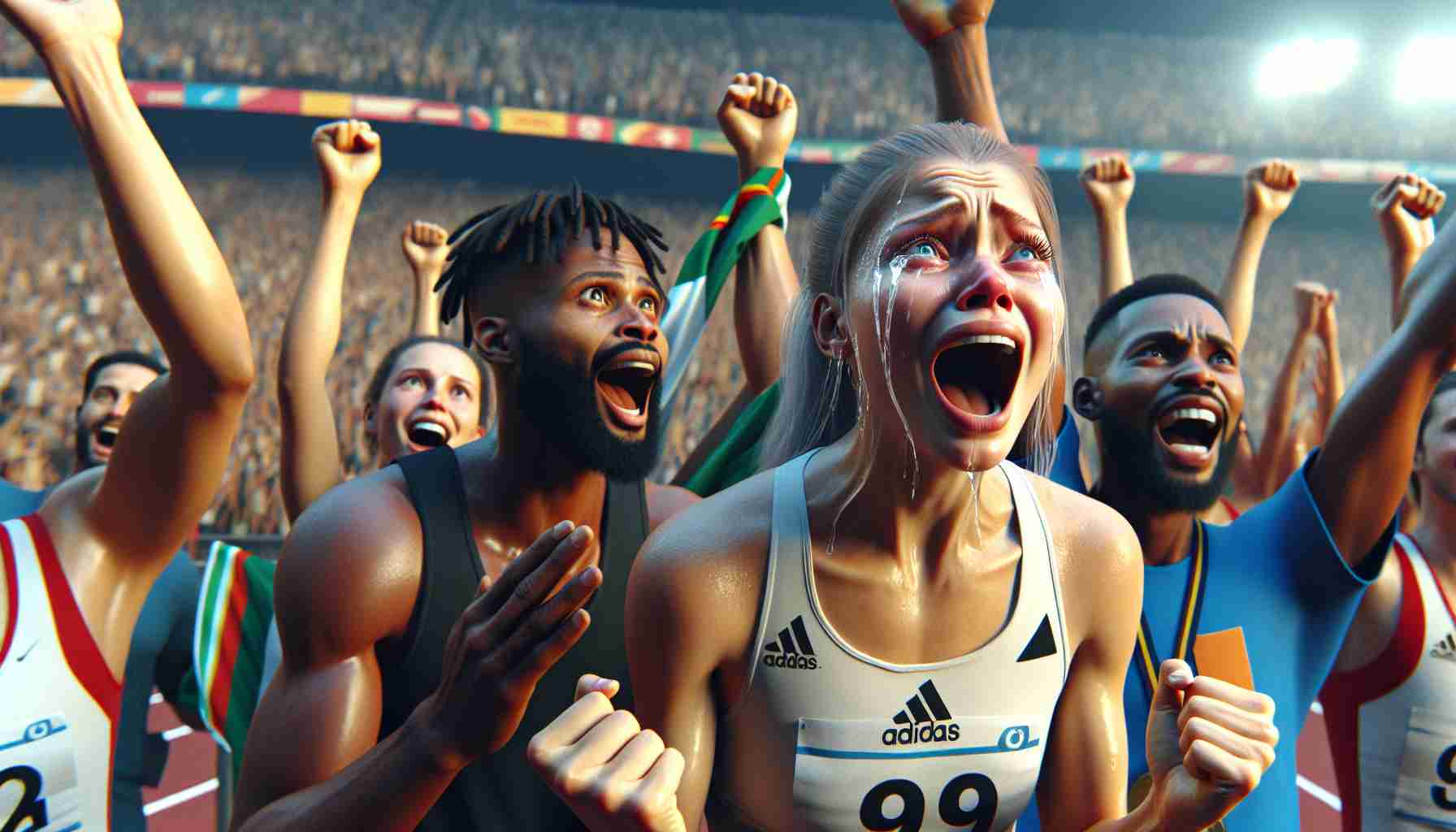 Generate a hyper-realistic, high-definition image that captures a moment of unexpected victory, causing the individuals involved to well up with tears of joy. It could be in a competition or a personal triumph. Include a young Caucasian female athlete as well as a Black male coach celebrating with their team. Make the scene emotive, with intense expressions of happiness, disbelief, and pride on their faces. The surroundings suggest of a sports event, with a myriad of colorful banners, and a crowd cheering in the backdrop.