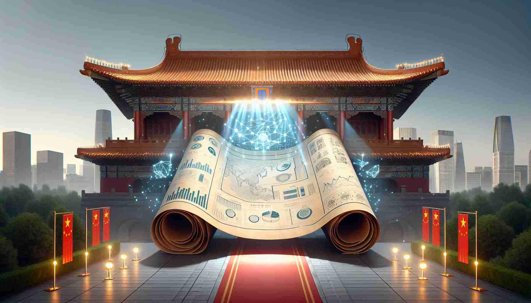 Realistic high-definition image showcasing a symbolic representation of unveiling an economic revitalization plan in the context of China. This could include visual elements such as a large rolled out parchment with complex diagrams and financial charts, bright lights shining on the parchment to signify 'unveiling', and traditional Chinese architecture in the background.