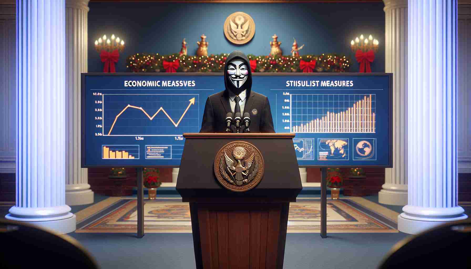 High-definition, realistic image of an anonymous Asian governmental spokesperson at a press conference announcing economic stimulus measures. The spokesperson is standing behind a podium decorated with the emblem of an imaginary nation. Charts and graphs illustrating the stimulus measures are displayed on a projector screen behind them. The backdrop of the hall is adorned with festive decorations in anticipation of the upcoming holiday season.