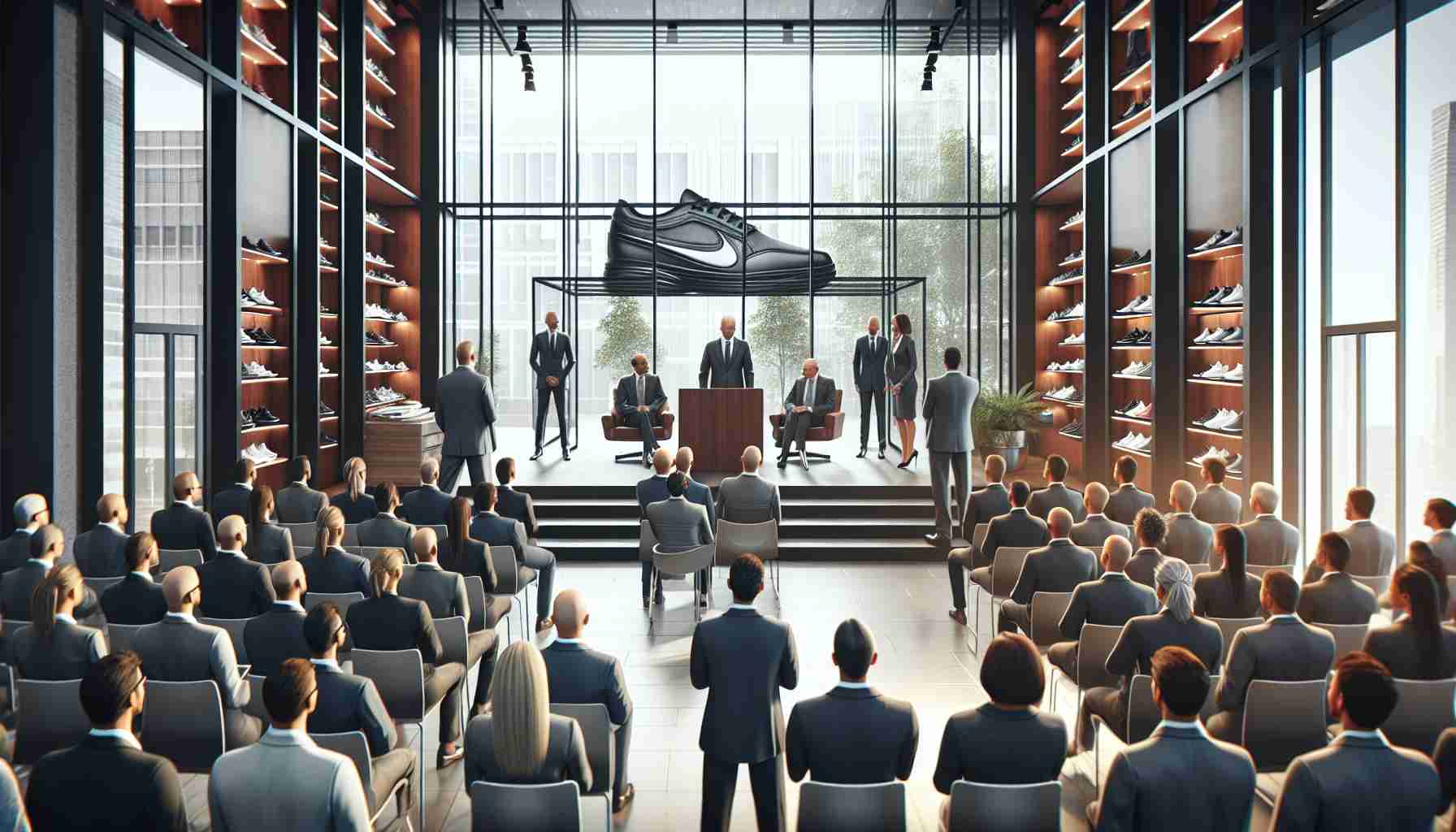 A high-definition, realistic photograph showcasing a corporate environment where a new leader is appointed as the Chief Executive Officer of a major footwear and apparel company following the departure of the previous executive. The scene conveys a sense of significant transition, with a mixed crowd of professionals of varying descents and genders observing the change in leadership.