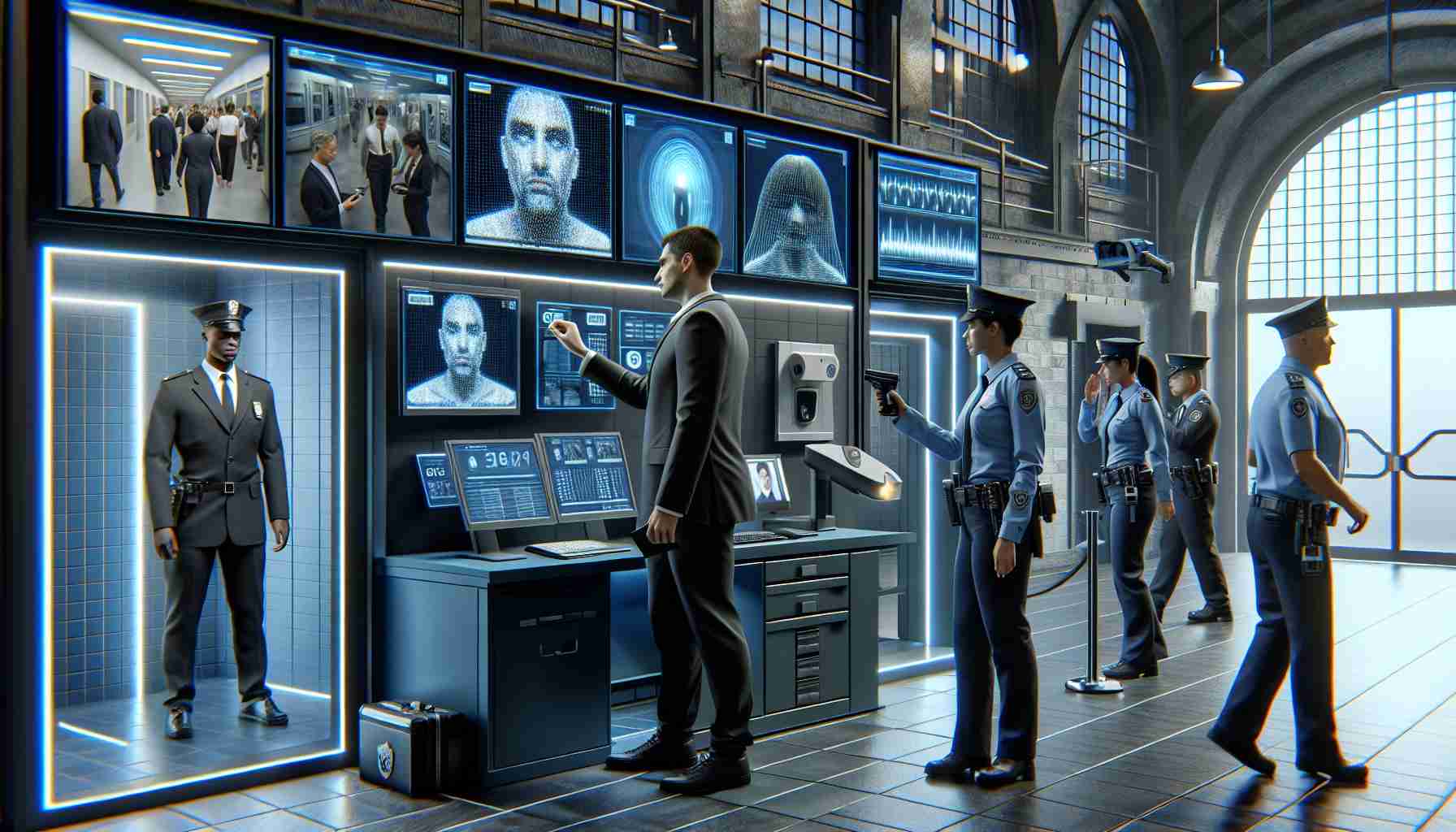 A highly detailed and realistic image showing enhanced security measures that have been implemented. The scene includes high-tech security systems like surveillance cameras, biometric scanners, and a fortified security station housing professionally dressed security personnel. A Caucasian male is performing a facial recognition scan while an Asian female officer is monitoring multiple screens showing live surveillance footage. Just outside the station, a black male officer stands alert with a wireless communication device in hand. The setting should resonate a balance between welcoming architecture and high-end security infrastructure.