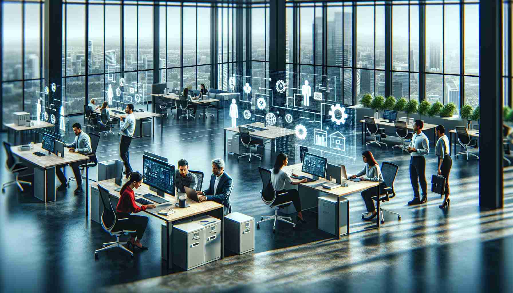 An ultra high-definition, realistic image of a major tech company's office illustrating the revolutionary changes in workplace flexibility. Show a modern open-concept office with various workstations, such as standing desks, communal tables, and isolated cubicles. Display teams of diverse individuals. Include a Caucasian woman working on a laptop at a standing desk, a Middle-Eastern man collaborating with a Hispanic woman at a communal table, and a South Asian woman focused on her work in an isolated cubicle. Showcase stylized graphics indicating digital connections and collaborative softwares used.