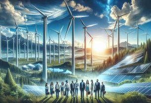 An ultra high-definition, realistic image capturing the essence of the Renewable Energy Revolution. Imagine the scene as follows: A skyline filled with towering, sleek wind turbines against a radiant blue sky, embodying the new era of sustainable power. To the side, there are advanced solar panels glistening in the robust sunlight, indicating the harnessing of solar energy. In the backdrop, there are majestic mountains and greenery, signifying untouched nature. Just below, a group of diverse people: a black woman, an Asian man, a Middle-Eastern woman, and a Caucasian man, who signify humanity reaping the benefits of this ecological progression.